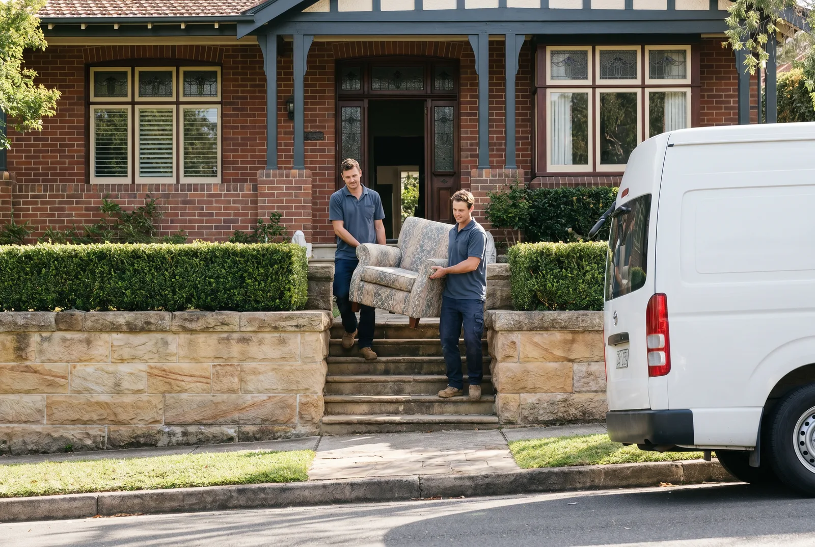 Two crew carrying an armchair down sandstone front steps to a van
