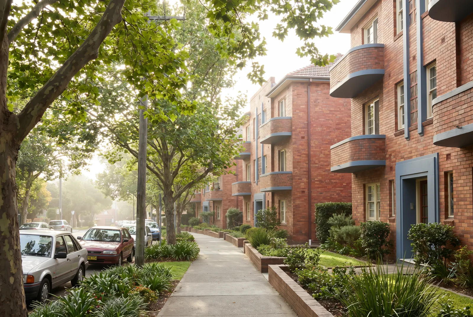 Art deco brick apartment buildings on a leafy lower North Shore street